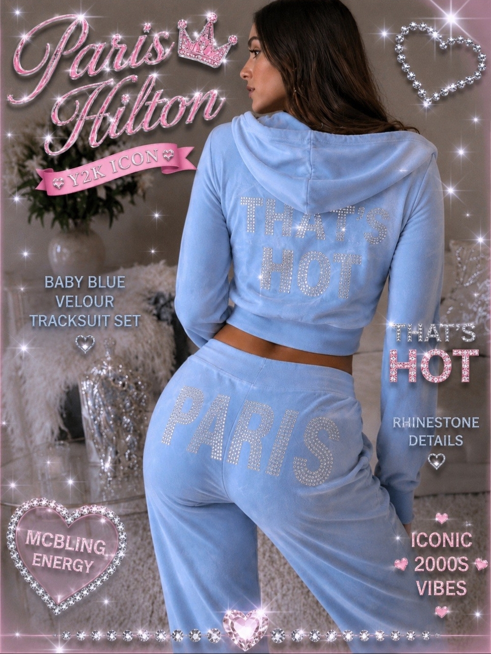 Paris Hilton Baby Blue Velour Rhinestone Tracksuit Y2K McBling